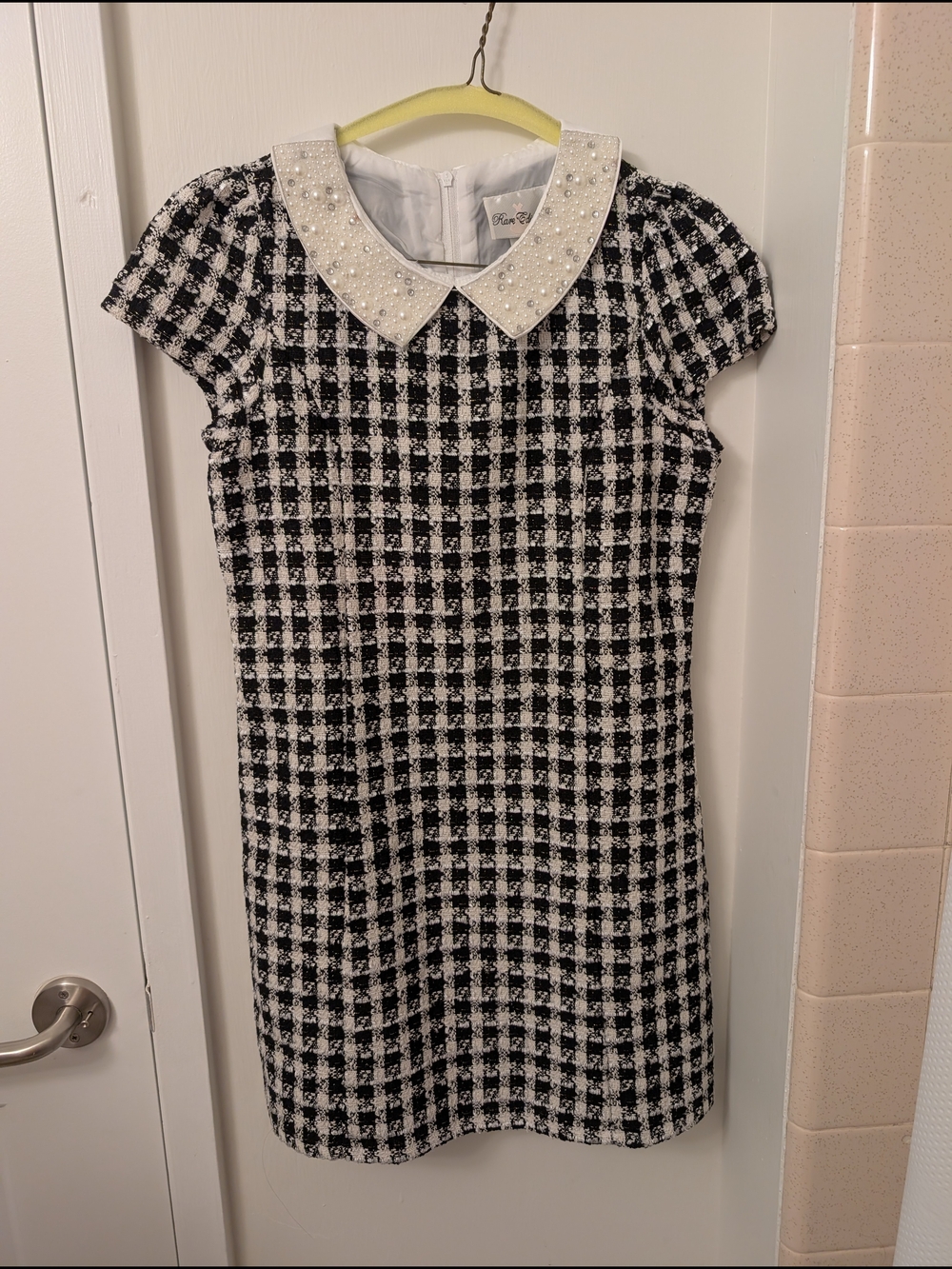 Rare Editions Black & White Tweed Dress with Pearl-Embellished Collar